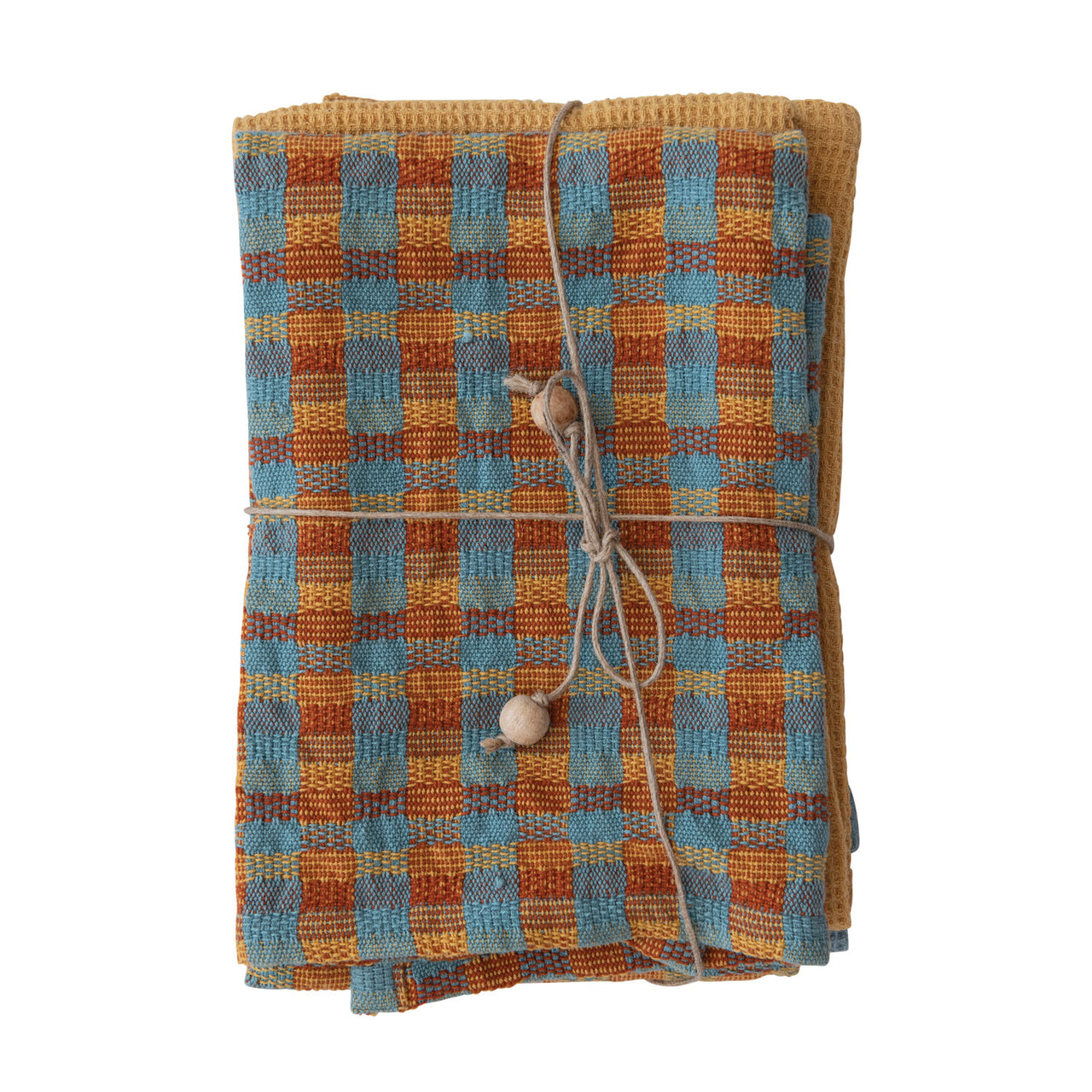 Blue and Orange Cotton Checkered Waffle Weave Tea Towels