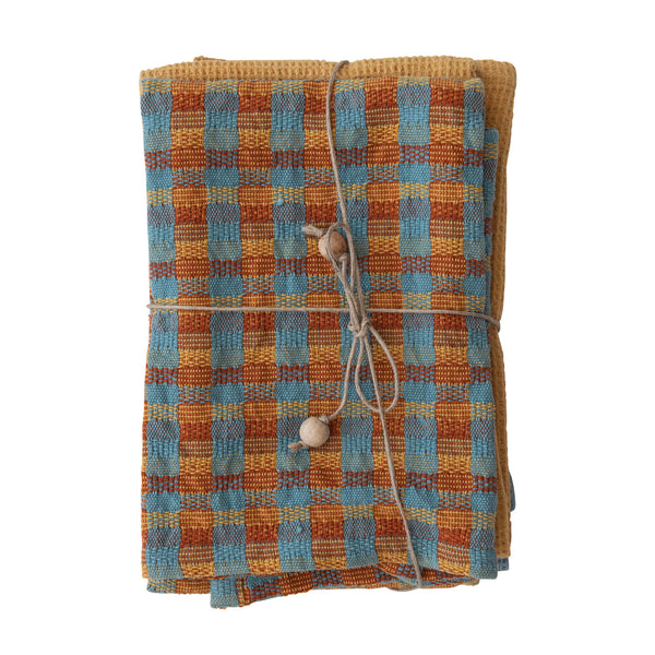 Blue and Orange Cotton Checkered Waffle Weave Tea Towels