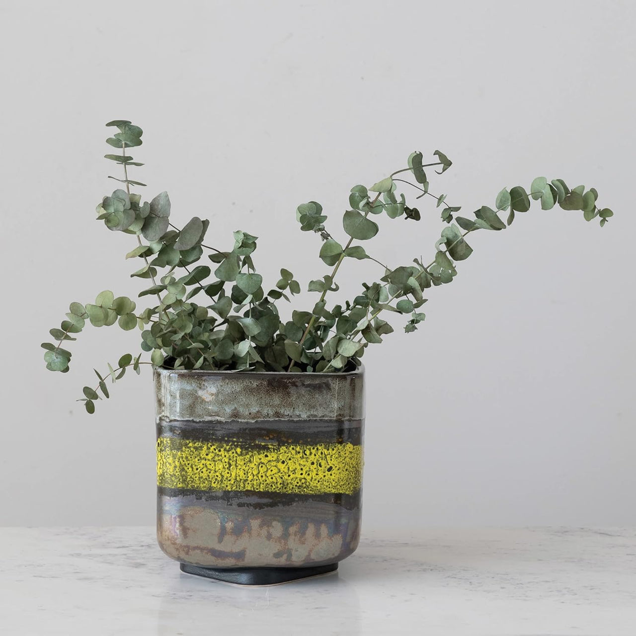 Stoneware Planter - Charcoal and Chartreuse