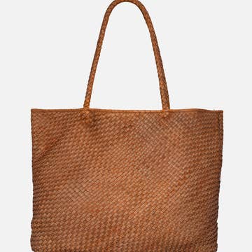 Woven Leather Tote Bag - Camel