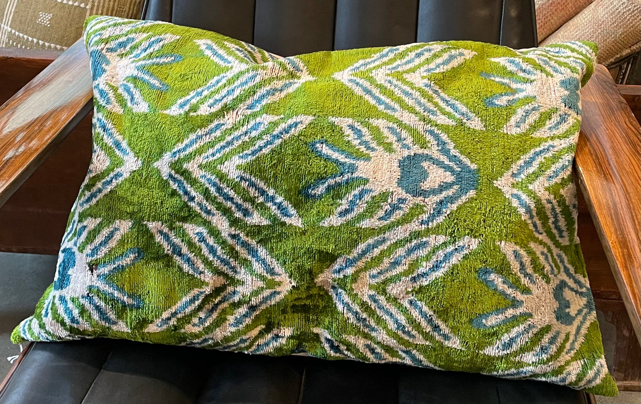 Green/Blue Leaf Ikat Velvet Silk Pillow