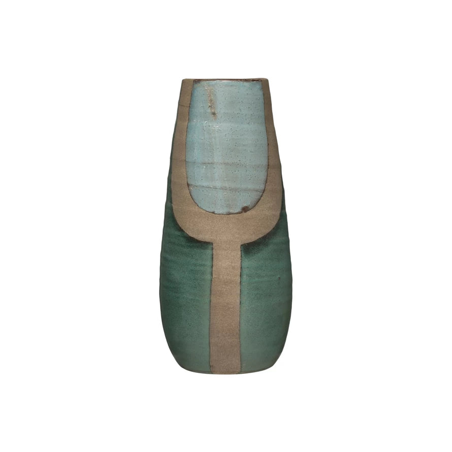 Hand-Painted Terracotta Vase - Blue, green and grey