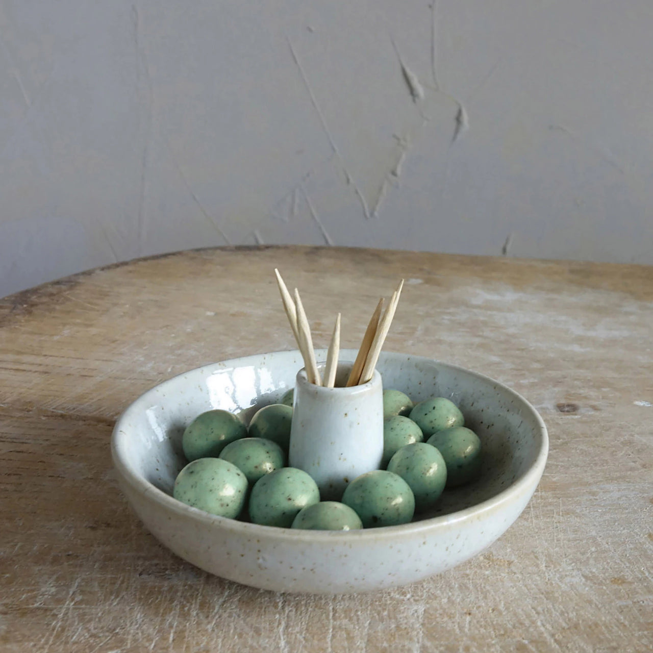 Stoneware Dish with Toothpick Holder-Off White