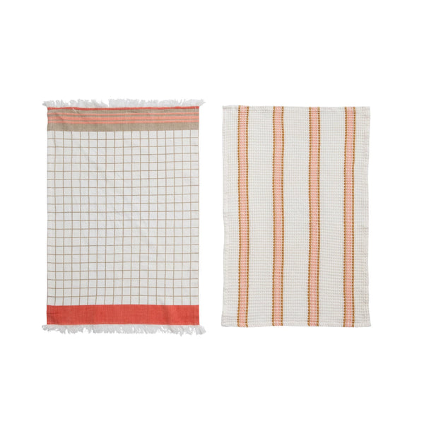 Cotton Checkered Tea Towel - Natural and Coral