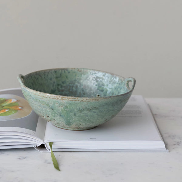 Stoneware Berry Bowl w/Handles, Aqua