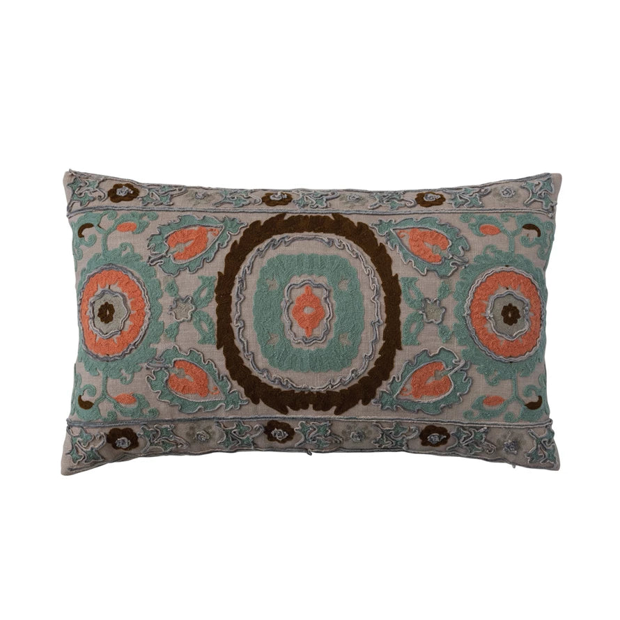 Cotton Slub Embroidered Lumbar Pillow Multi Color - Aqua and brown