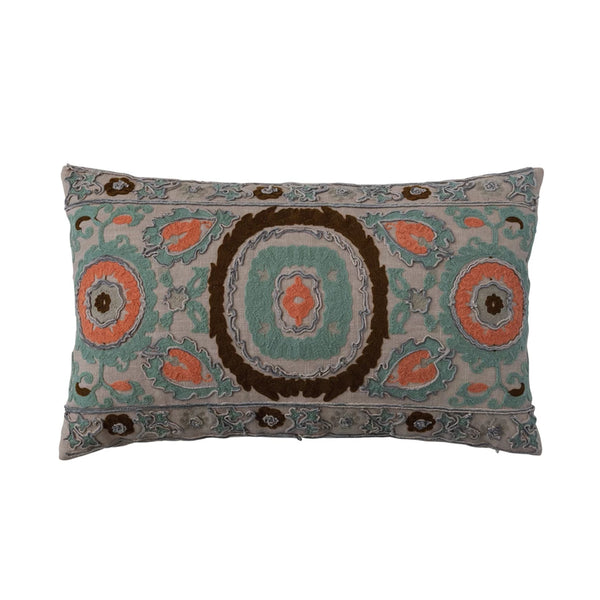 Cotton Slub Embroidered Lumbar Pillow Multi Color - Aqua and brown