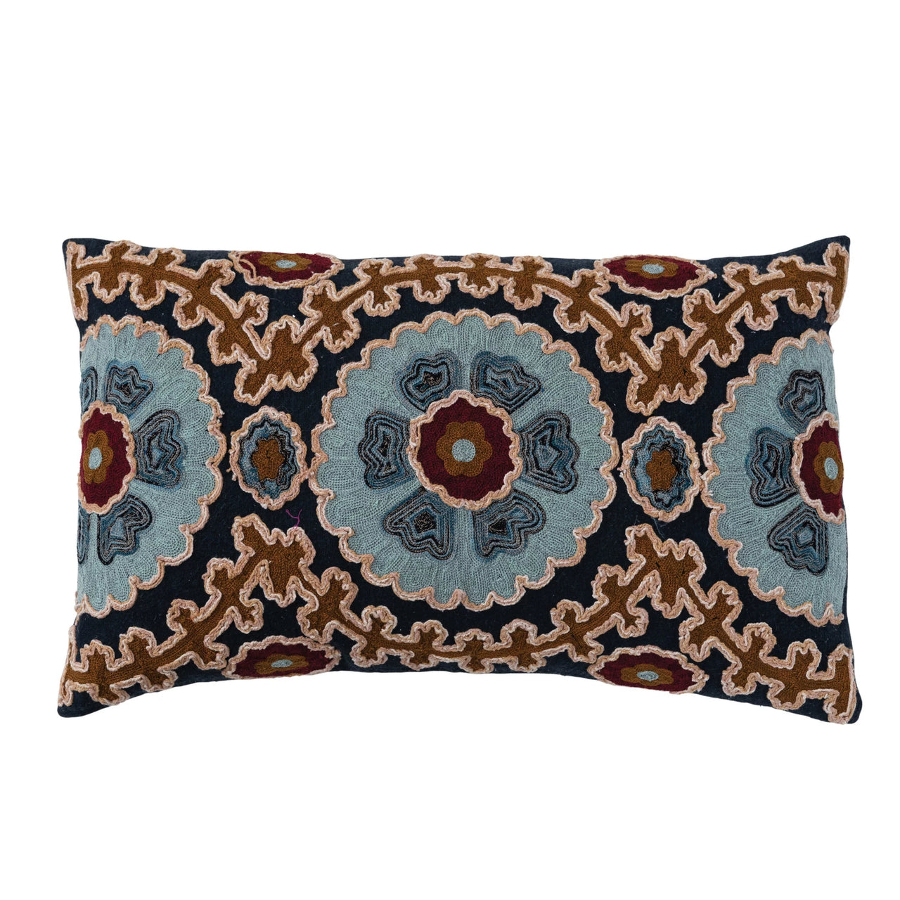 Cotton Slub Embroidered Lumbar Pillow w/Design-Brown/Aqua and Blue