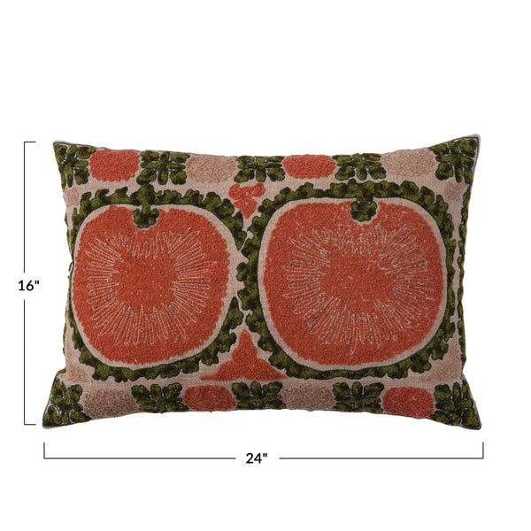 Embroidered Lumbar Pillow-Terra Cotta and Green