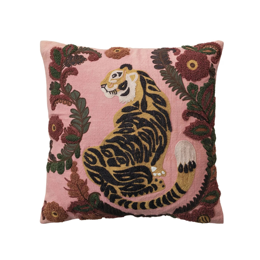 Pink Cotton Square Slub Pillow w/ Embroidered Tiger & Flowers