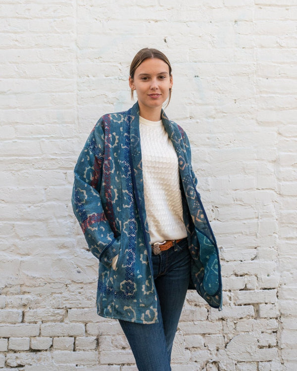 Flower Indigo Kantha Long Jacket