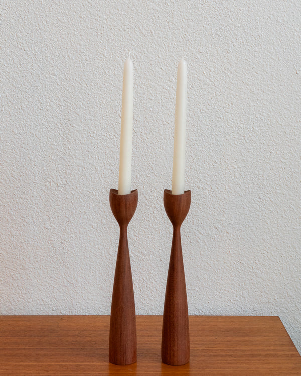 Mid-Century Wooden Tulip Taper Candle Holders (Pair)